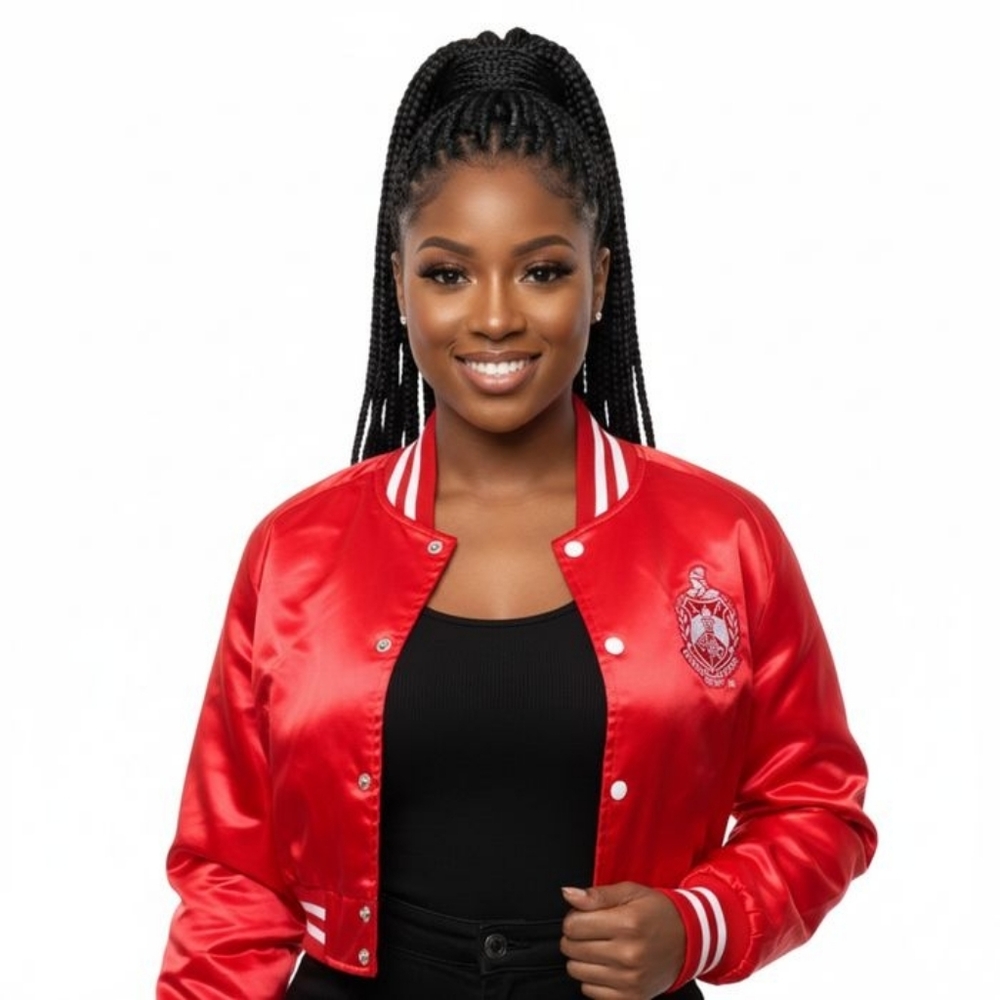 SMALL DST Greek Apparel Cropped Satin Varsity Jacket